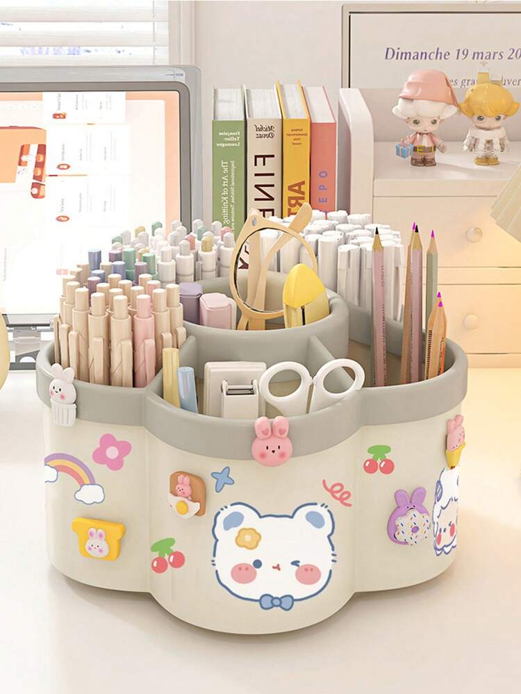 1 pieza Organizador giratorio para portalápices, alta capacidad, compartimentos, adecuado para estudiantes, escritorio de niños, estante creativo para bolígrafos, diseño minimalista (patrón de pegatinas aleatorio) - Multicolor - Añade 1