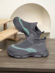 1 Pair Kids Knitted Sneakers, Slip-On Sports Shoes, Breathable Non-Slip Running Shoes, Fashionable Casual Mesh Trainers For Students