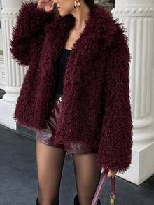 Onas Plush Furry Coat, Fall, Back To School, Button Up, Going Out, Date Night, Homecoming, Bohemian - Burgundy - View 2