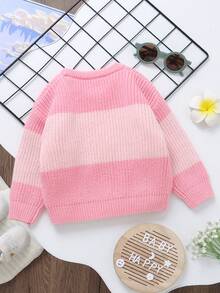 Contrast Color Round Neck Long Sleeve Casual Minimalist Pullover Sweater, Classic Fashion Baby Girl Tops - Pink - View 2