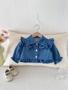 1pc Girls Denim Jacket, Spring/Autumn, Ruffled Collar, Bow Decor, Short Stylish Cropped Denim Top - 藍色 - 查看 8