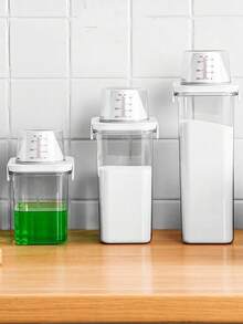 1pc Multi-Functional Laundry Detergent Dispenser - Large Capacity Transparent Acrylic Storage Box With Measuring Cup For Laundry Room, Bathroom Organization - Perfect For Washing Powder, Beads, Softener, Bleach, Soda Or Pet Food Storage - Ideal For Homeowners, Pet Owners, Busy Moms - Great For Housewarming Gifts & Spring Cleaning Supplies