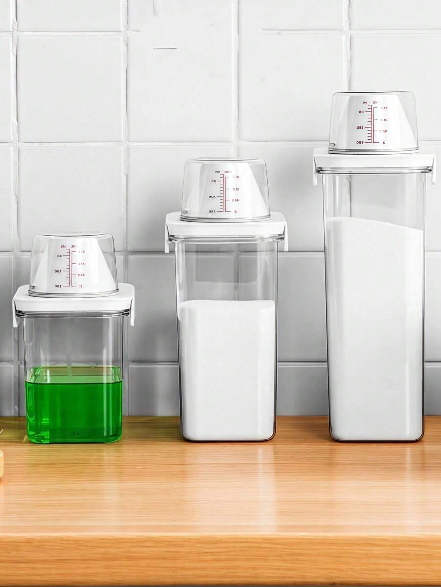 1pc Multi-Functional Laundry Detergent Dispenser - Large Capacity Transparent Acrylic Storage Box With Measuring Cup For Laundry Room, Bathroom Organization - Perfect For Washing Powder, Beads, Softener, Bleach, Soda Or Pet Food Storage - Ideal For Homeowners, Pet Owners, Busy Moms - Great For Housewarming Gifts & Spring Cleaning Supplies