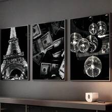 1/3 Panel Black Fashion Print Canvas Wall Art, Black & White Retro Disco Ball Poster, Bedroom, Living Room, Office, Home Decor, Frameless - Multicolor - View 1