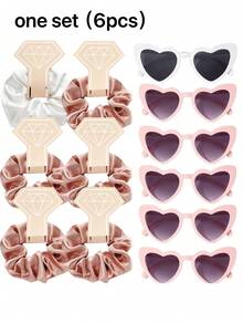 6件套缎面伴娘发带 + 6副心形眼镜，新娘礼物，伴娘礼物，婚礼派对回礼，圣诞节，新年派对拍照道具 - 粉色 - 查看 2