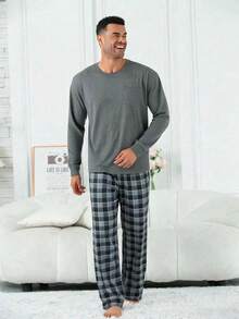 2pcs Men's Plus Size Casual Loose Minimalist Pullover Sweatshirt With Pockets & Plaid Lounge Pants Pajama Set, Suitable For Spring, Autumn, Winter, Valentine's Day Gift