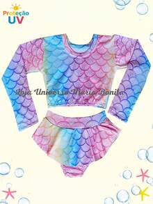 Biquíni Infantil Menina Blusa Manga Longa Roupa de Banho Moda Praia Piscina - Escama Lilás - Visão 5