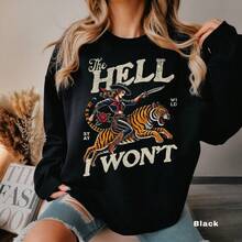 Retro Cowgirl Tiger Sweatshirt, The  I Won't,  Sweatshirt, Retro Rodeo, Country Western Aesthetic Oversized Crewneck, Tiger - 黑色 - 查看 2
