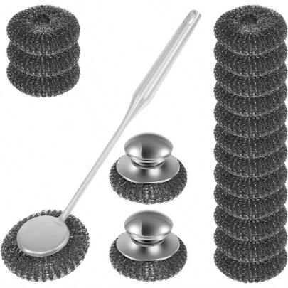 Stainless Steel Wool Scrubber With Handle Set With 15 Replacement Wire Pad Metal Long Handle Wool Pot Dish Scrubber For PotsPans Grills Sink 18Pcs