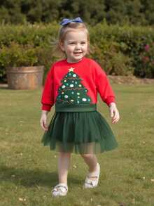 Conjunto de 2 piezas de sudadera de manga larga y falda de malla con estampado de árbol de Navidad para niña pequeña - Rojo - Ver 2