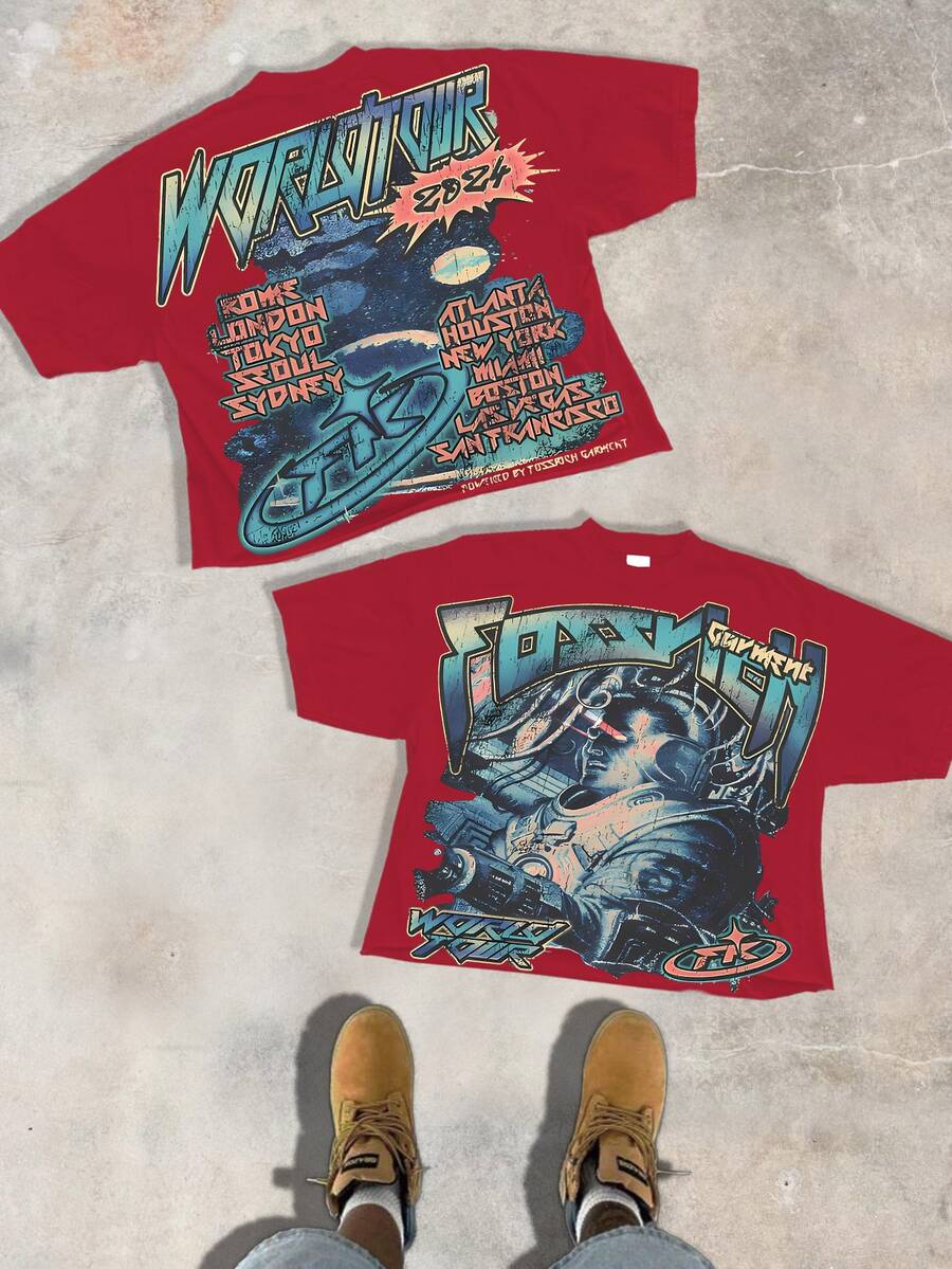 Cyberpunk Style 2024 World Tour Pattern Personality And Attitude Cotton T-Shirt, Made Of 100% Cotton And Combed With Fine Needles, Is Relaxed And Comfortable, Suitable For Both Men And Women, And Suitable For Street Hipsters. - 紅色 - 查看 1