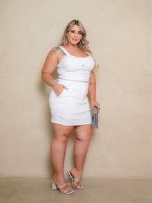 Women's Plus Size Short And Cropped Skirt Set - White - View 3