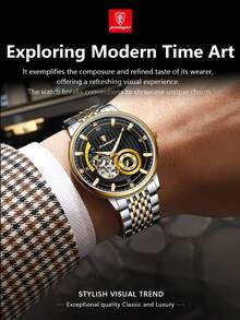 POEDAGAR 1pc Business Men's Stainless Steel Automatic Skeleton Tourbillon Mechanical Wrist Watches, Casual Man Wristwatch With Waterproof Luminous Function, Fashionl Male Watch Suitable For Daily Occasion, Gifts For Men