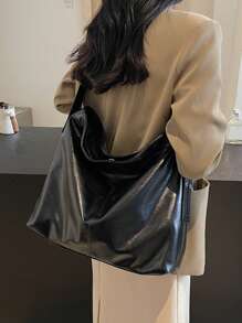 1 pieza Bolso de hombro de mujer de estilo vintage negro con remaches, ojetes y costuras, con acabado encerado, bolso de tote versátil y casual apto para uso diario, ir a la universidad, de gran capacidad tipo cubo, nueva llegada de otoño/invierno