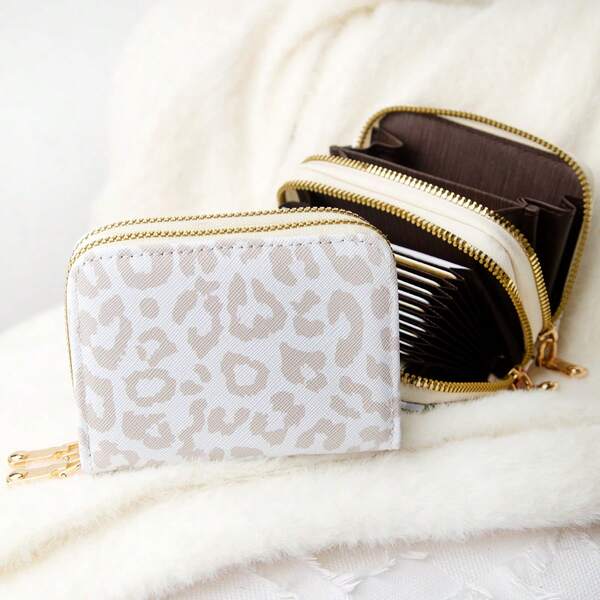 Gray Fashion Print Pattern Women's Wallet Card Bag Lightweight And Fashionable Elegant Short Wallet Card Bag PU Double Zipper Pattern Lightweight And Portable Large Capacity Storage, RFID Blocking, Credit Card ID Card, Small Wallet, Change Pocket, Pocket, Wallet, Gift For Lover, Birthday Gift For Women, Girls, And Students