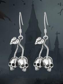 Cercei din argint 925 cu craniu și cireșe, ediție limitată de Halloween, bijuterii din argint pur în stil gotic Lolita, cercei hipoalergenici cu șurub, cadou amuzant pentru iubită/cea mai bună prietenă, stil cutie aleatorie