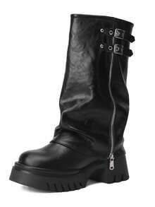 Mid Calf Boots For Women Fold Over Zipper Buckle Riding Boot Black Wide Calf Platform Round Toe Chunky Low Heel Tall Boot Cowboy Biker Motorcycle Boots - Black - View 9
