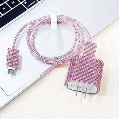 5 件粉红钻石镶嵌手机充电线保护器套装，闪亮钻石绕线器，防断裂数据线和充电器保护器，送给朋友的礼物 Nan 充电器外壳手机配件