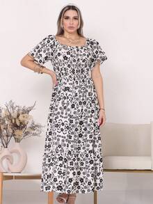 Women's Long Midi Dress With Puffer Sleeves And  Frills, Off-The-Shoulder, Tres Marias Floral - WHITE BLACK FLOWER - View 3