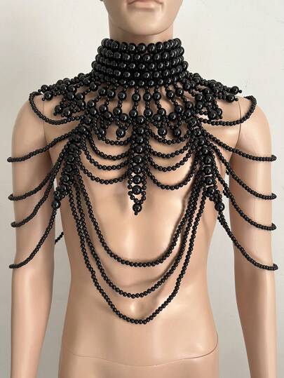 1 pieza Collar de cadena corporal con borla de perlas multicapa personalizado, accesorio de moda sexy para hombres