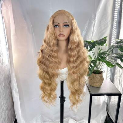 13*6 Lace Front Wavy Synthetic Wig, 32 Inch Long Hair, Middle Part, Natural Black With Honey Blonde Highlights, Suitable For Party And Daily Wear, Heat Resistant Fiber, Full Wig For Women