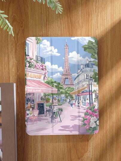 Paris Tower Street View Pattern Tablet Case, Compatible With IPad 9.7/10.2/10.5/10.9/12.9/Pro 11, 10th Generation, Compatible With Samsung Galaxy Tab S6 Lite 10.4-Inch, Compatible With Kindle Paperwhite 12th Gen 2024, Kindle (11th Generation) 2022 Version, Soft Fall Protection, Intelligent Standing/Automatic Wake-Up/Sleep