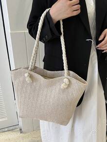 Túi Tote Cói Đi Biển Mùa Hè, Sức Chứa Lớn, Thời Trang, Đa Năng, Túi Đeo Vai Thường Ngày - Màu be - Xem 5