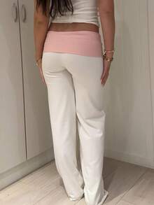 Fold Over Yoga Pants For Women Elastic Waist Low Rise Straight Wide Leg Sweatpants Y2k Color Block Flare Yoga Lounge Leggings Stretchy Loose Gym Pants Back To School Clothes For Teen Girls - 白色 - 查看 3