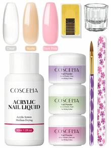 coscelia 8PCS Clear Pink Nude Acrylic Powder & EMA Liquid Monomer Set For Crystal Nails Extension Nail Supplies Kit For Women DIY Nail Art Salon Gift