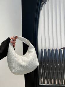 Mini Fashionable Woven Crescent Handbag, Woven Texture Embossed Solid Color Casual Large Shoulder Crossbody Bag, Versatile Commuter Bag, Tote Bag, Baguette Bag For Women