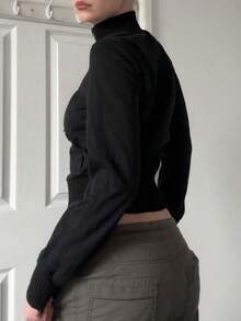 黑色单排扣立领女士休闲长袖外套，复古Y2K风格开衫，适合秋冬季穿着 - 黑色 - 查看 5