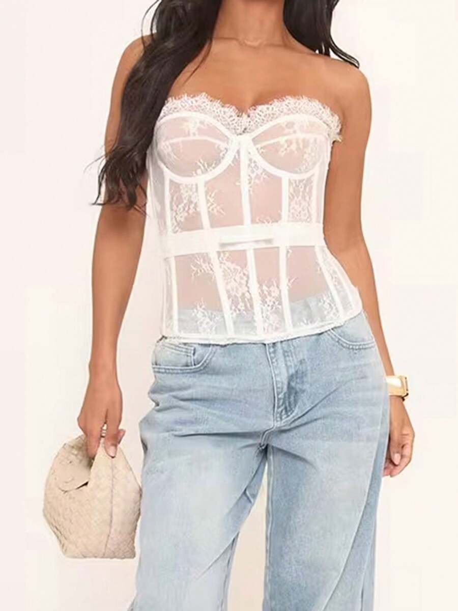 Women Lace Bustier Corset Tops Flower See Through Off Shoulder Sleeveless Body Shaper - trắng - Xem 1