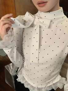 女士波点高领拼接蝴蝶结蕾丝边修身打底衫，情人节女士上衣，秋冬季 - 白色 - 查看 8