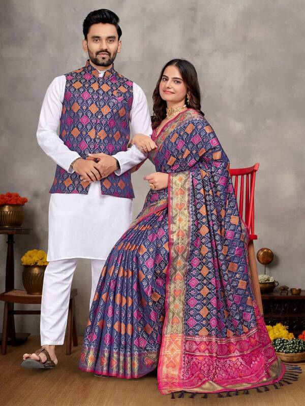 Estationeryhouse Couples Combo Set, Silk Saree With Unstitched Blouse, White Cotton Kurta Pyjama, Silk Waist Coat