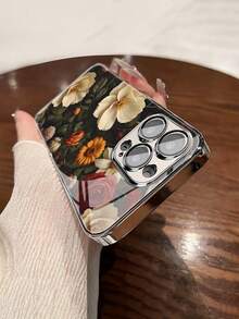 1pc Fashionable Retro Floral Pattern Tempered Glass Material With Lens Film Electroplated Anti-Fall Scratch-Resistant Anti-Fingerprint TPU Full Edge Soft Phone Case Compatible With Apple Models - Multicolor - View 4