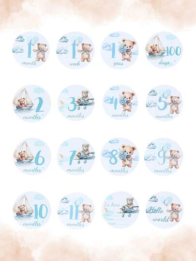 16pcs Blue Little Bear Babe Shower Paper Monthly Milestone Commemorative Cards, Include 1-12 Months Monthly Cards, Cute Blue Little Bear Pattern Baby Birth Commemorative Cards, Baby Shower Gift, Monthly Milestone Marker Discs, Babe Shower Party Photo Commemorative Card Props, Suitable For Baby Christening Photo Props, Babe Shower Decoration Commemorative Cards
