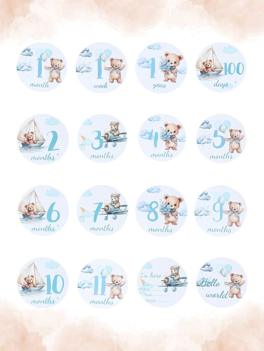 Bộ 16 thẻ đánh dấu cột mốc hàng tháng cho bé hình gấu xanh, bao gồm các thẻ từ 1-12 tháng, thiết kế gấu xanh đáng yêu, có thể dùng làm thiệp báo tin sinh bé, quà tặng trong tiệc mừng bé chào đời, thẻ đánh dấu cột mốc hàng tháng, phụ kiện chụp ảnh kỷ niệm tiệc sinh nhật cho bé, phụ kiện chụp ảnh lễ rửa tội cho bé, thẻ trang trí tiệc sinh nhật cho bé.