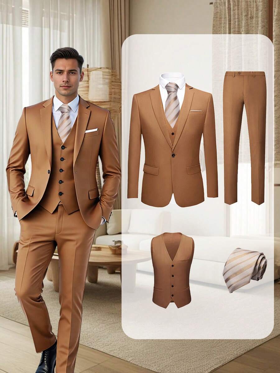 4 Pcs Men Blazer Jacket Vest Pants Tie Lapel Collar One Button For Evening Prom Dinner Wedding Banquet Men Classic Commuting Suit - 駝色 - 查看 1