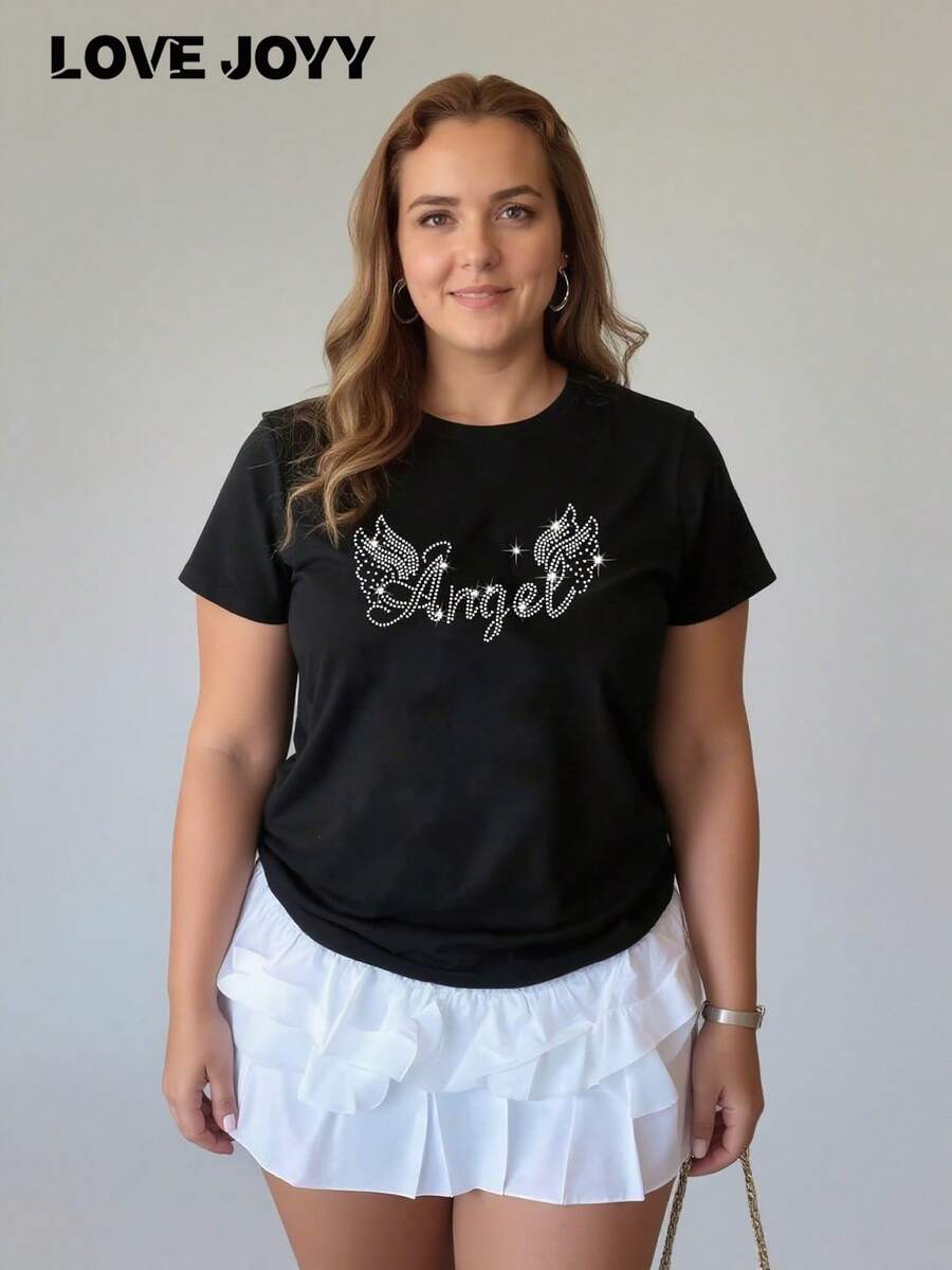 Love Joyy Plus Size Angel Rhinestone Graphic T-Shirt, Shiny Wing Pattern Top, Round Neck Short Sleeve Clothing, Suitable For Everyday Wear - Black - View 1