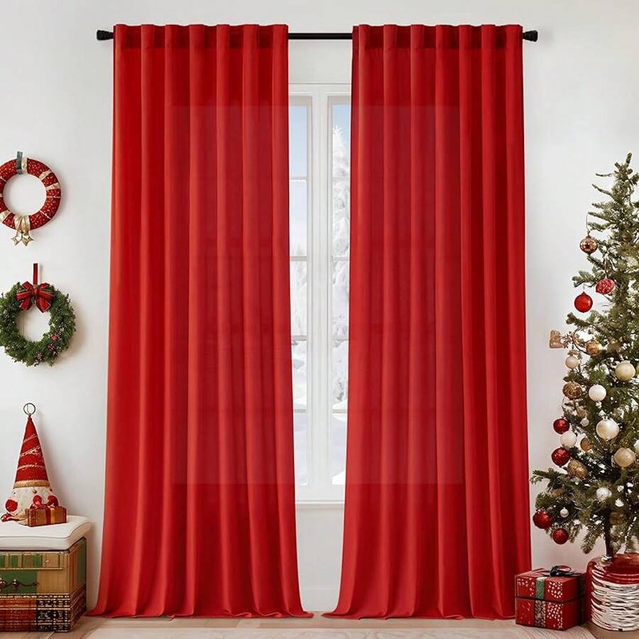 White Privacy Sheer Curtains 84 Inch, Light Filtering 2 Panels Set - Red - View 1