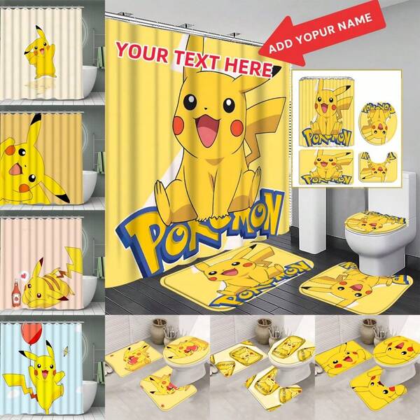 pokemon 1PC/4pcs Pokemon Personalized Custom Your Name Shower Curtain Cartoon Character Multiple Choice Design Custom Name Custom Text Shower Curtain Waterproof Shower Curtain Birthday Gift, Family Party Gift, Family, Friends, Couples, Mother, Father, Children's Day Gift Perfect Gift Bathroom Decor