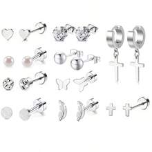 18 对不锈钢耳钉套装女士星月花心叶蛋白石 20G 软骨耳环防过敏平背耳环穿孔珠宝情人节 - 彩色 - 查看 30