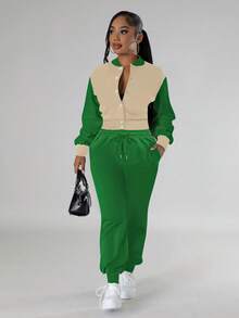 Women's Casual Colorblock Single-Breasted Jacket Top And Drawstring Pocket Loose Pants, Breathable Lightweight Spring/Autumn 2-Piece Set - Green - View 2