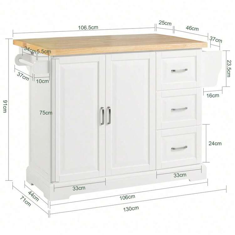 SoBuy FKW41-WN Luxury Kitchen Trolley Kitchen Island Sideboard With Expandable Work Surface Kitchen Cabinet W X H X D Approx.: 130 X 91 X 46 (+25) Cm - White+Wood Color - View 3
