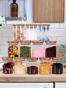 1 peça/1 conjunto com 12 potes de vidro para armazenamento com tampas herméticas de bambu, recipientes portáteis transparentes para alimentos para chá, grãos de café, açúcar, doces, biscoitos, especiarias e utensílios de cozinha - Claro - Ver 12