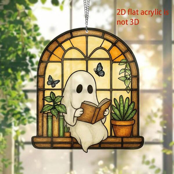 2D Flat 1pc Ghost Reading Book-Shaped Sunlight Catcher, Ghost And Plant Acrylic Window Decoration Pendant, Reading Book-Shaped Sunlight Catcher, Reading Gift, Gift For Book Lovers Home Decor Halloween Decor Room Decor Halloween