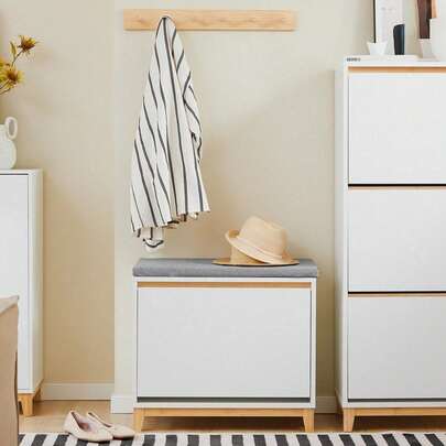 SoBuy Sapateira Sapateira com Aba Sapateira com Almofada de Assento Sapateira Banco Branco e Natural WHT Aprox. 60x55x34cm FSR191-WN