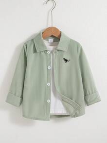Camisa de manga larga con cuello vuelto, unicolor casual, con patrón bordado de dinosaurio para niños, primavera/otoño - Verde - Ver 1