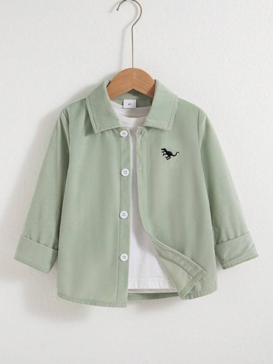 Camisa de manga larga con cuello vuelto, unicolor casual, con patrón bordado de dinosaurio para niños, primavera/otoño - Verde - Ver 1