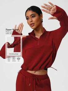 Sodalemon 女士训练健身半拉链指孔抽绳腰袋瑜伽健身房运动卫衣 - 紅色 - 查看 3